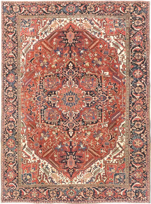 Full view of 1940s Heriz rug from Iran / Persia, 374 × 275 cm in Dark red tones