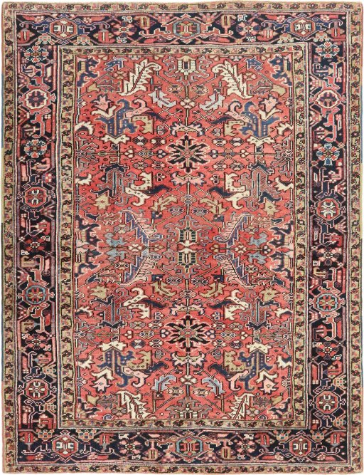 Full view of 1920s Heriz rug from Iran / Persia, 277 × 210 cm in Red tones