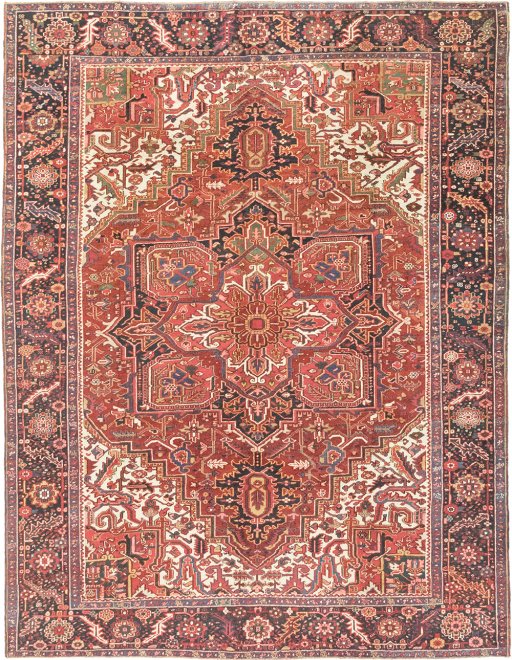 Full view of 1940s Heriz rug from Iran / Persia, 372 × 291 cm in Red tones