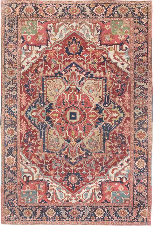 Full view of 1900s Heriz rug from Iran / Persia, 310 × 212 cm in Red tones