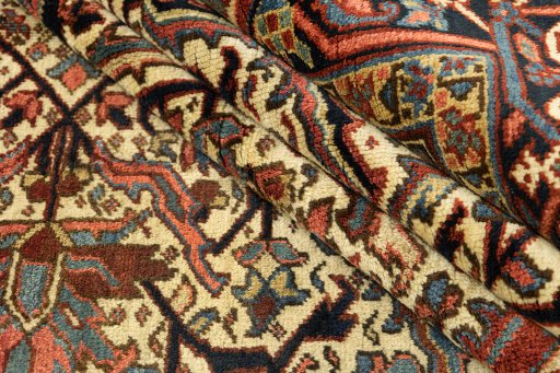 Full view of 1920s Heriz rug from Iran / Persia, 314 × 246 cm in Cream tones