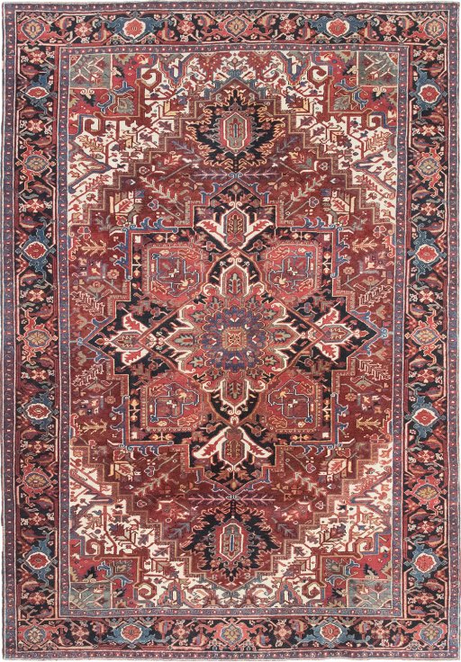 Full view of 1940s Heriz rug from Iran / Persia, 336 × 230 cm in Red tones