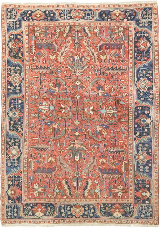 Full view of 1920s Heriz rug from Iran / Persia, 325 × 238 cm in Red tones