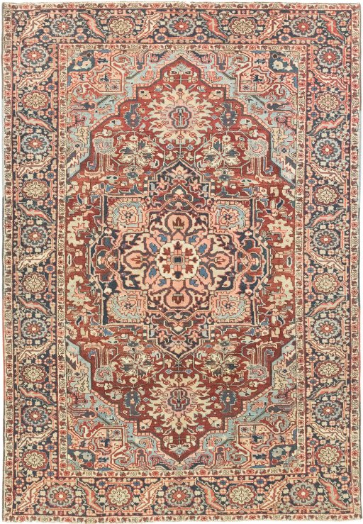 Full view of 1920s Heriz rug from Iran / Persia, 275 × 188 cm in Dark red tones
