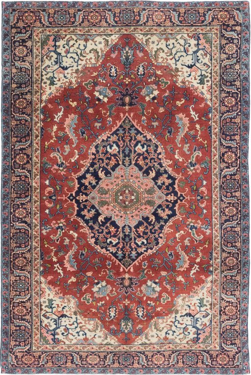 Full view of 1920s Heriz rug from Iran / Persia, 264 × 174 cm in Red tones