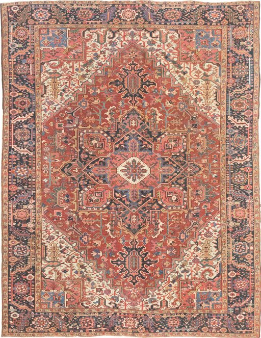 Full view of 1930s Heriz rug from Iran / Persia, 368 × 284 cm in Red tones