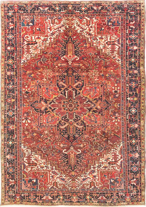Full view of 1940s Heriz rug from Iran / Persia, 366 × 267 cm in Red tones