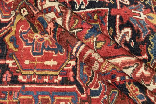 Full view of 1940s Heriz rug from Iran / Persia, 366 × 267 cm in Red tones