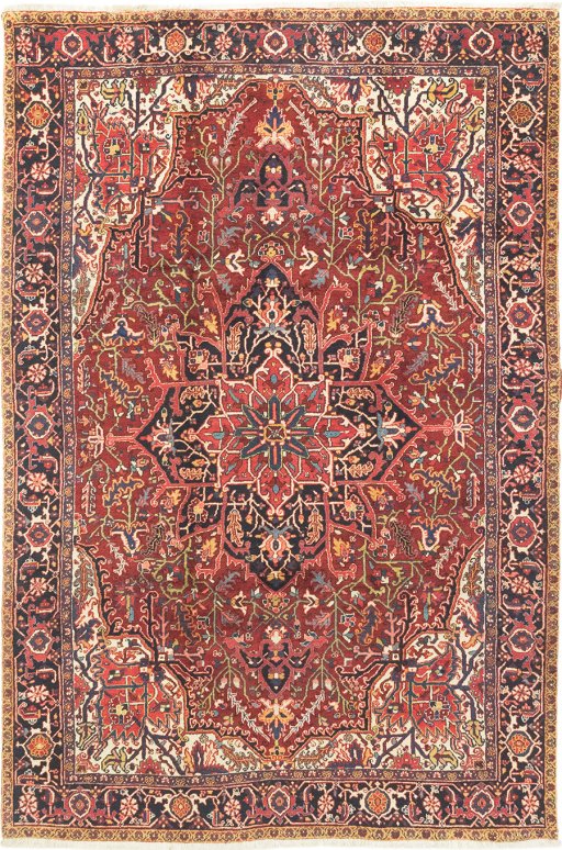 Full view of 1940s Heriz rug from Iran / Persia, 351 × 234 cm in Red tones