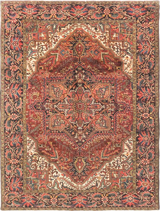 Full view of 1940s Heriz rug from Iran / Persia, 340 × 254 cm in Red tones