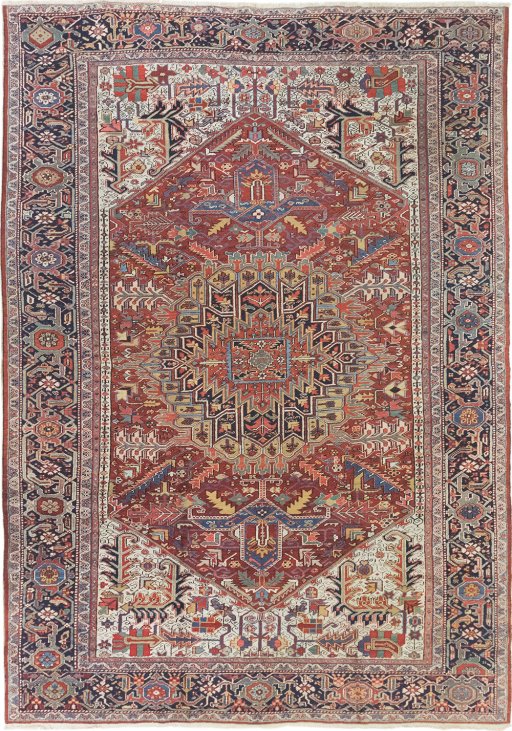 Full view of 1920s Heriz rug from Iran / Persia, 462 × 328 cm in Red tones