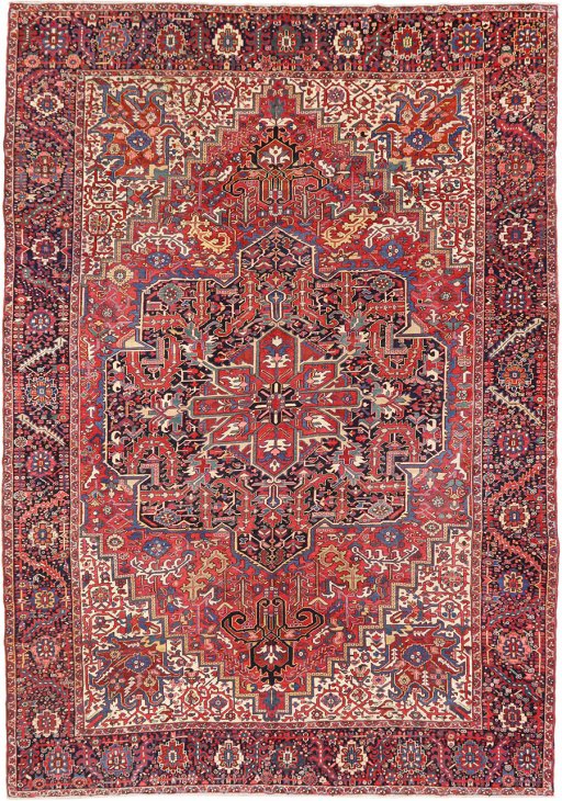 Full view of 1940s Heriz rug from Iran / Persia, 511 × 363 cm in Red tones