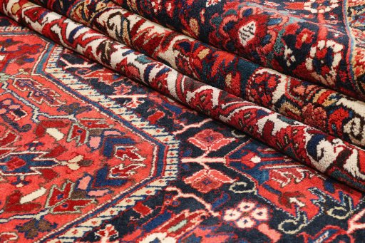 Close-up detail of 1940s Heriz rug from Iran / Persia showing Wool weave