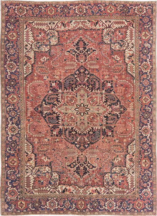 Full view of 1940s Heriz rug from Iran / Persia, 391 × 284 cm in Red tones