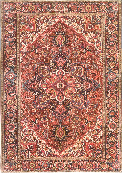 Full view of 1940s Heriz rug from Iran / Persia, 420 × 297 cm in Dark red tones