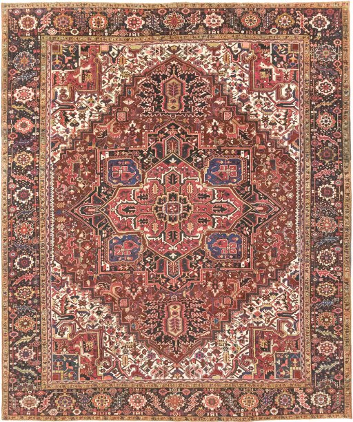 Full view of 1940s Heriz rug from Iran / Persia, 388 × 327 cm in Dark red tones