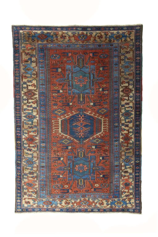 Full view of 1930s Heriz rug from Iran / Persia, 219 × 151 cm in Red tones