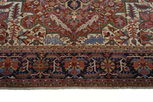 Full view of 1930s Heriz rug from Iran / Persia, 366 × 300 cm in Red tones