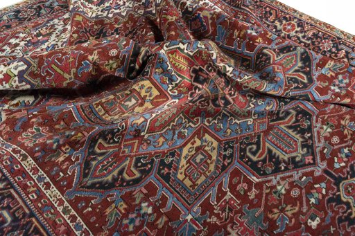 Close-up detail of 1930s Heriz rug from Iran / Persia showing Wool weave
