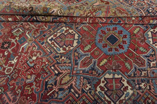 Close-up detail of 1930s Heriz rug from Iran / Persia showing Wool weave