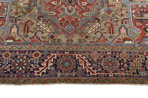 Full view of 1930s Heriz rug from Iran / Persia, 438 × 310 cm in Red tones
