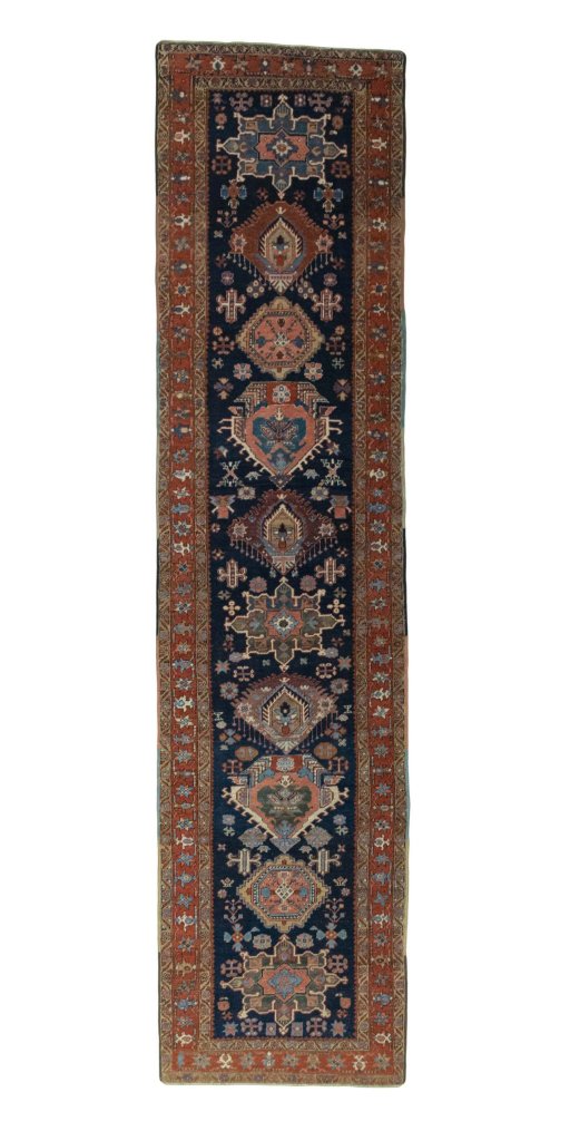 Full view of 1930s Heriz rug from Iran / Persia, 422 × 102 cm in Blue tones