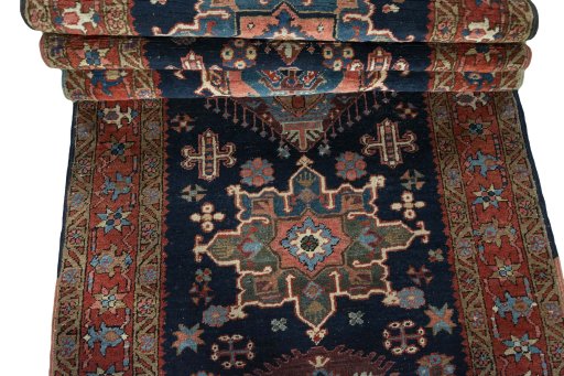 Full view of 1930s Heriz rug from Iran / Persia, 422 × 102 cm in Blue tones