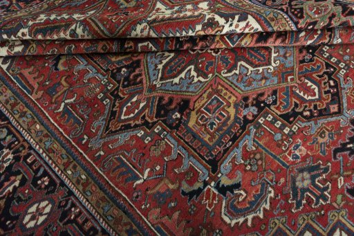 Close-up detail of 1930s Heriz rug from Iran / Persia showing Wool weave
