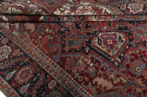 Close-up detail of 1930s Heriz rug from Iran / Persia showing Wool weave