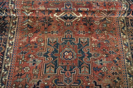 Close-up detail of 1930s Heriz rug from Iran / Persia showing Wool weave