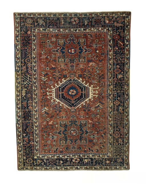 Full view of 1930s Heriz rug from Iran / Persia, 188 × 138 cm in Red tones
