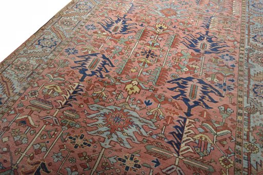Backside of handmade 1930s Heriz rug showing knot structure and weave density
