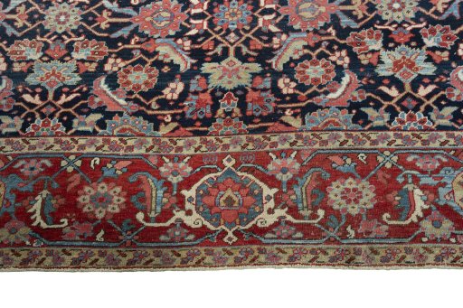 Full view of 1930s Heriz rug from Iran / Persia, 367 × 296 cm in Blue tones