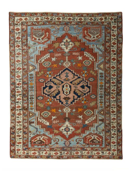 Full view of 1930s Heriz rug from Iran / Persia, 186 × 144 cm in Red tones
