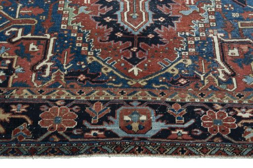 Full view of 1930s Heriz rug from Iran / Persia, 350 × 246 cm in Red tones