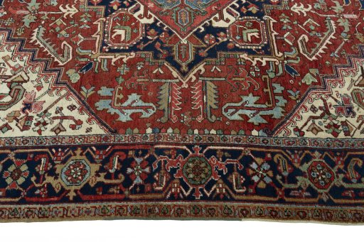Corner detail of 1930s Heriz rug showing border pattern and Wool pile