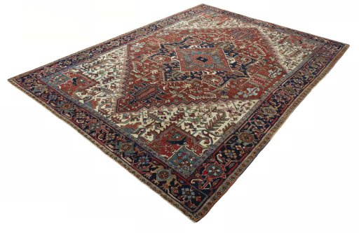Corner detail of 1930s Heriz rug showing border pattern and Wool pile