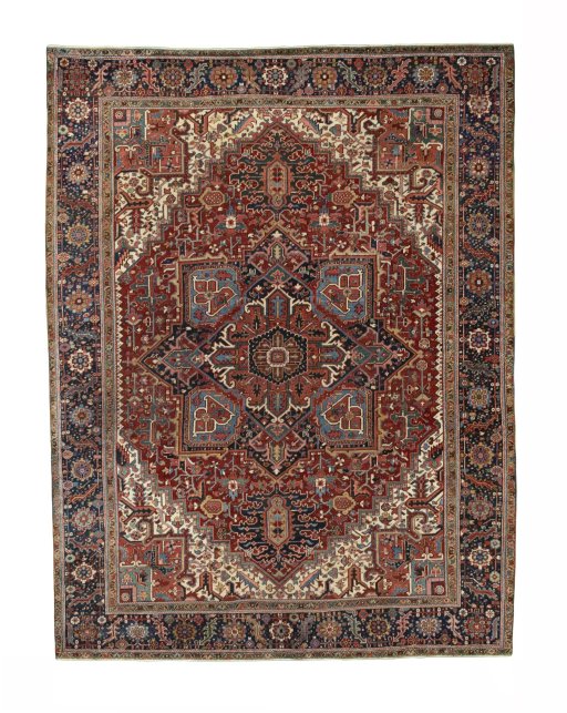 Full view of 1930s Heriz rug from Iran / Persia, 406 × 312 cm in Red tones