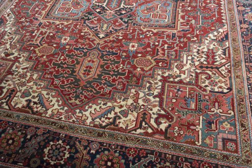 Close-up detail of 1930s Heriz rug from Iran / Persia showing Wool weave