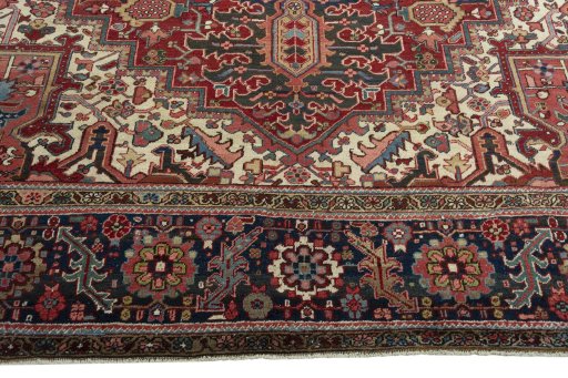 Full view of 1930s Heriz rug from Iran / Persia, 406 × 312 cm in Red tones