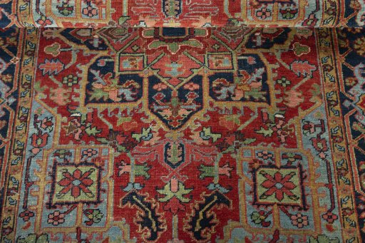 Close-up detail of 1930s Heriz rug from Iran / Persia showing Wool weave