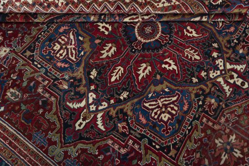 Close-up detail of 1930s Heriz rug from Iran / Persia showing Wool weave