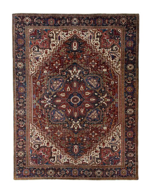 Full view of 1930s Heriz rug from Iran / Persia, 387 × 295 cm in Red tones