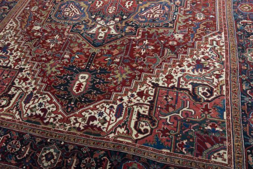 Close-up detail of 1930s Heriz rug from Iran / Persia showing Wool weave