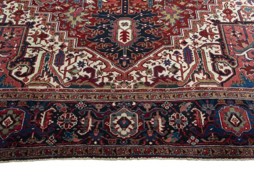 Full view of 1930s Heriz rug from Iran / Persia, 387 × 295 cm in Red tones