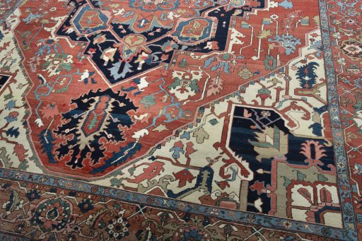 Close-up detail of 1930s Heriz rug from Iran / Persia showing Wool weave