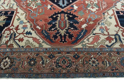 Full view of 1930s Heriz rug from Iran / Persia, 391 × 328 cm in Red tones