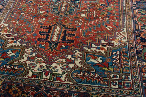 Close-up detail of 1930s Heriz rug from Iran / Persia showing Wool weave