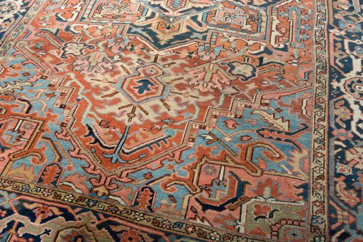 Close-up detail of 1930s Heriz rug from Iran / Persia showing Wool weave