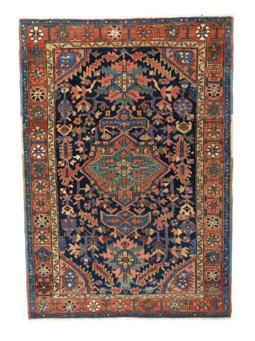 Full view of 1930s Heriz rug from Iran / Persia, 197 × 140 cm in Blue tones